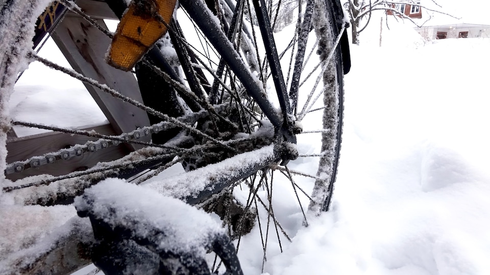 Une roue de vélo vue de proche, ensevelie sous la neige.