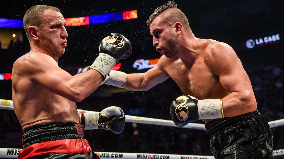 Deux boxeurs s'affrontent dans un ring.