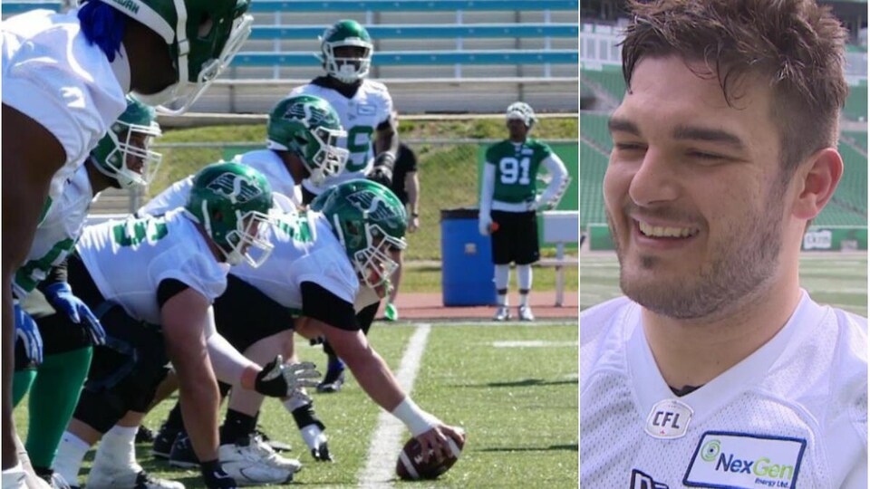 Montage où l'on voit la ligne offensive des Roughriders à gauche et Vincent Roy en entrevue à droite.