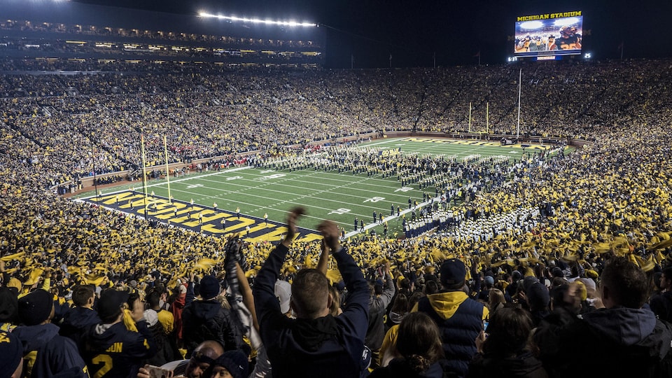 The home of the University of Michigan Wolverines is packed for a soccer team game.