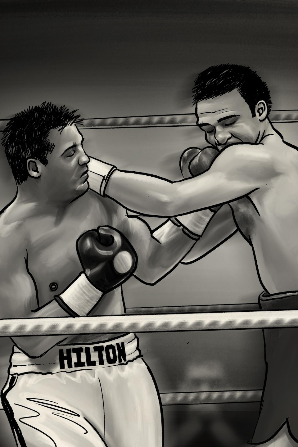 Deux boxeurs dans un ring se lancent des coups simultanément. 