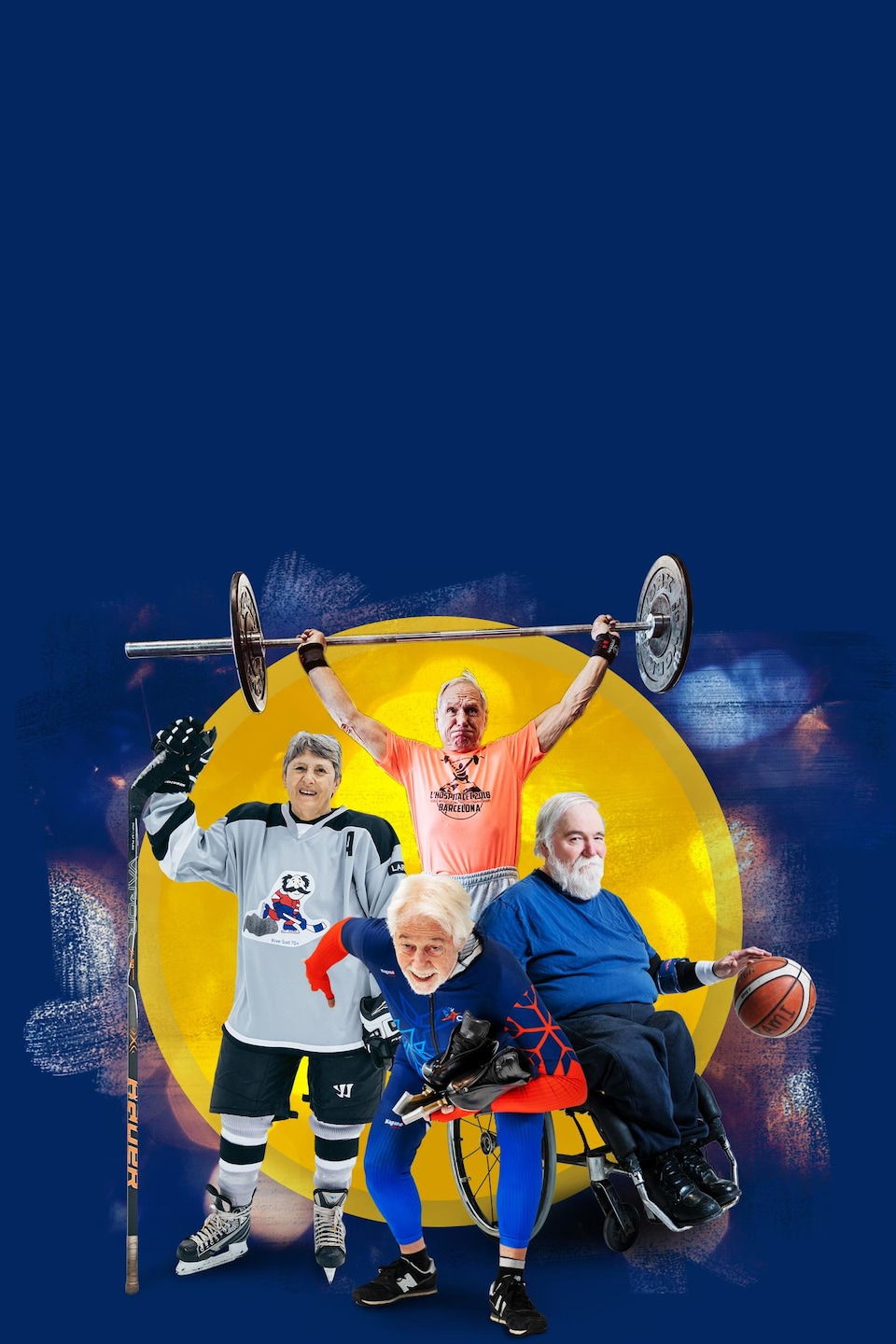 Une hockeyeuse, un haltérophile, un patineur de vitesse et un basketteur en fauteuil roulant regardent la caméra en souriant.