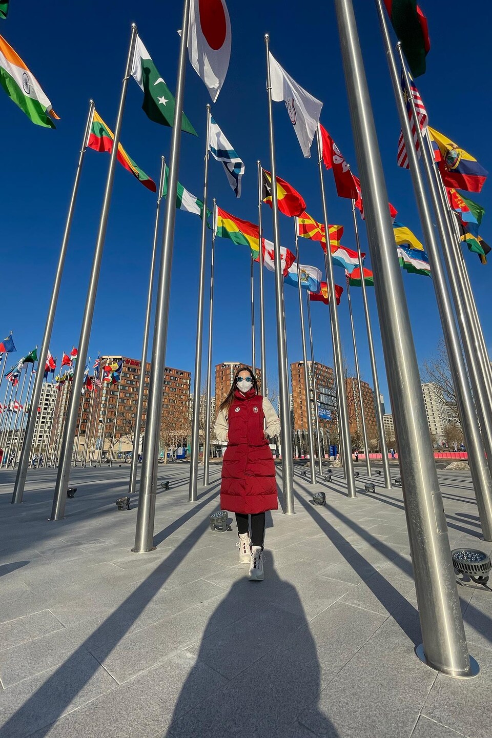 La femme se tient parmi des mats de drapeaux de tous les pays