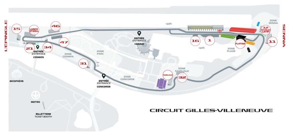 Drawing of the Gilles-Villeneuve circuit with numbering of stands