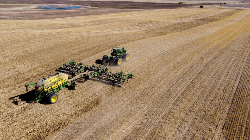 L'agricultrice Moriah Andrews ensemence sa moutarde dans un champ près de Hazlet, en Saskatchewan, en 2021.