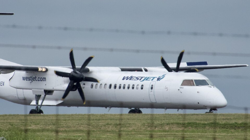 Un avion de la compagnie aérienne Westjet sur le tarmac d'un aéroport.