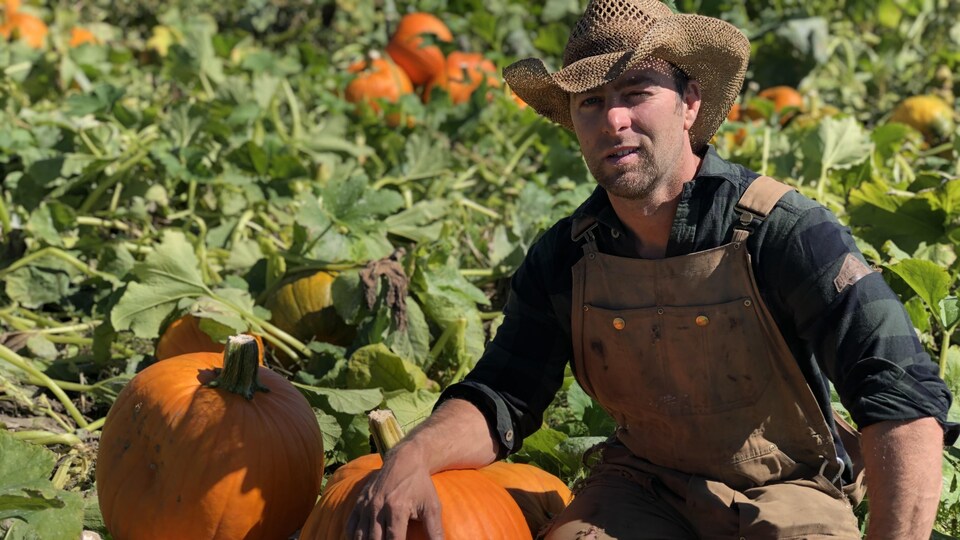 Mitch Deschatelets dans un champ de citrouilles.
