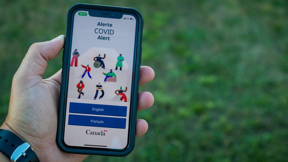 Main qui tient un cellulaire affichant l'application Alerte COVID.