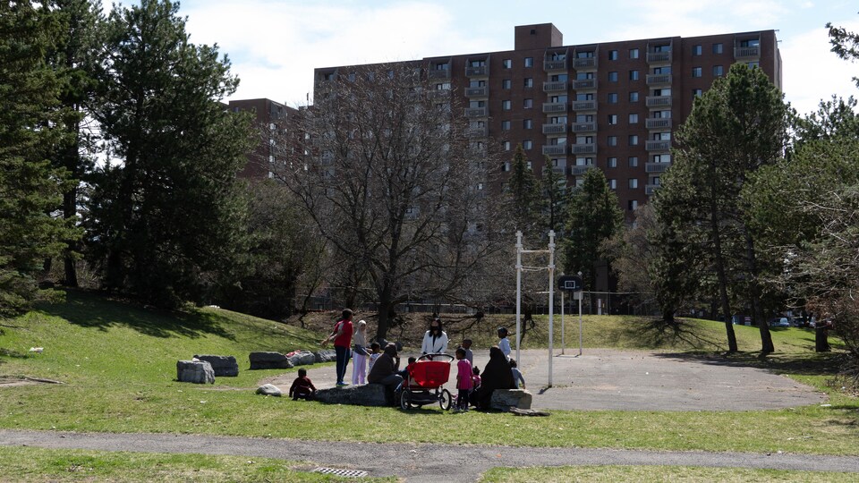 Des parents et des jeunes dans un parc.