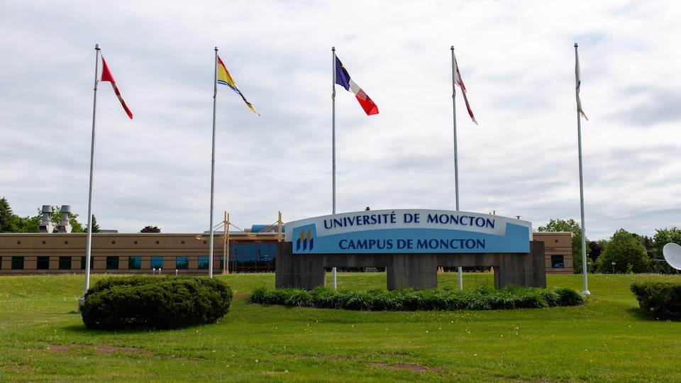 L'entrée du campus de Moncton de l'U de M avec des drapeaux. 