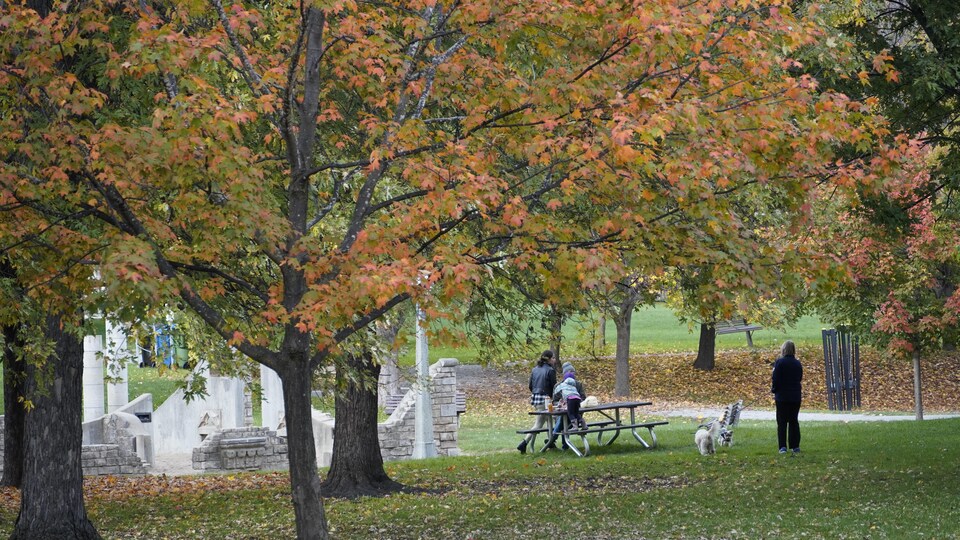 Des passants se promènent dans le parc Strathcona d'Ottawa à l'automne.