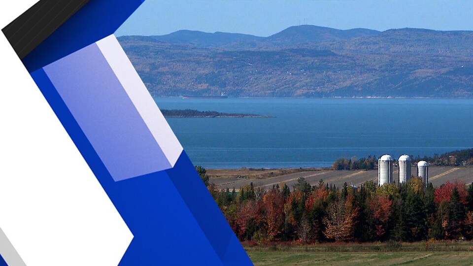 Des champs et des fermes avec le fleuve Saint-Laurent en arrière-plan.
