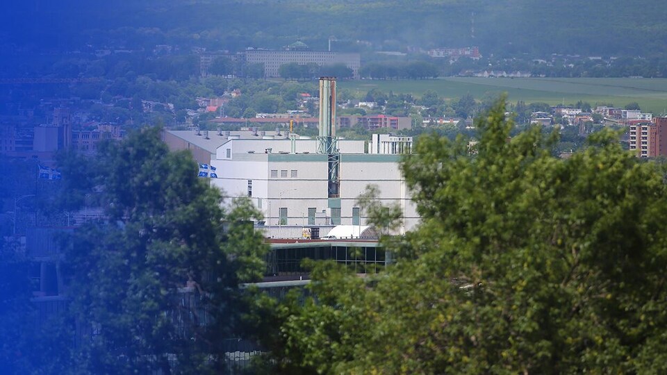 Le bâtiment qui abrite l'incinérateur, à travers les arbres.