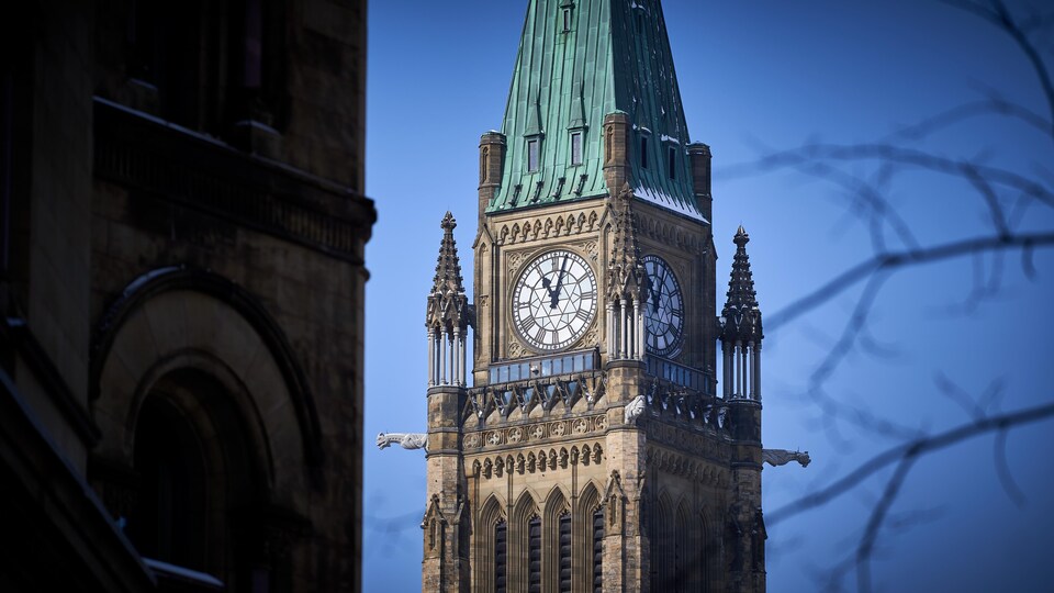 L'horloge située au haut de la tour centrale du parlement du Canada.