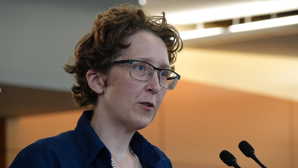 A woman speaks into the microphone.