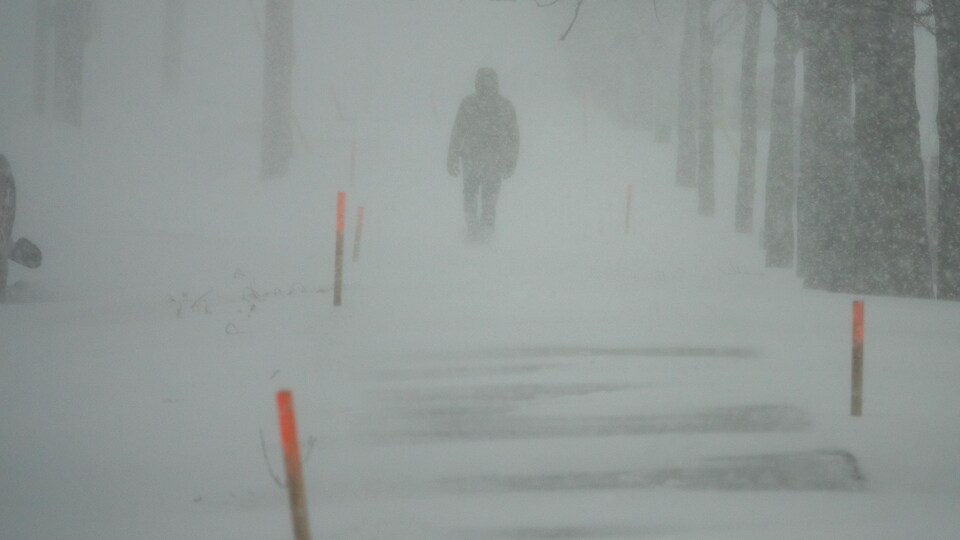 Une personne marche sur le trottoir pendant une tempête de neige.