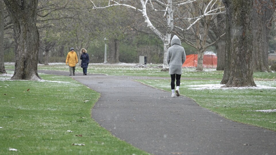 Des piétons sur un sentier, avec quelques flocons dans l'air.