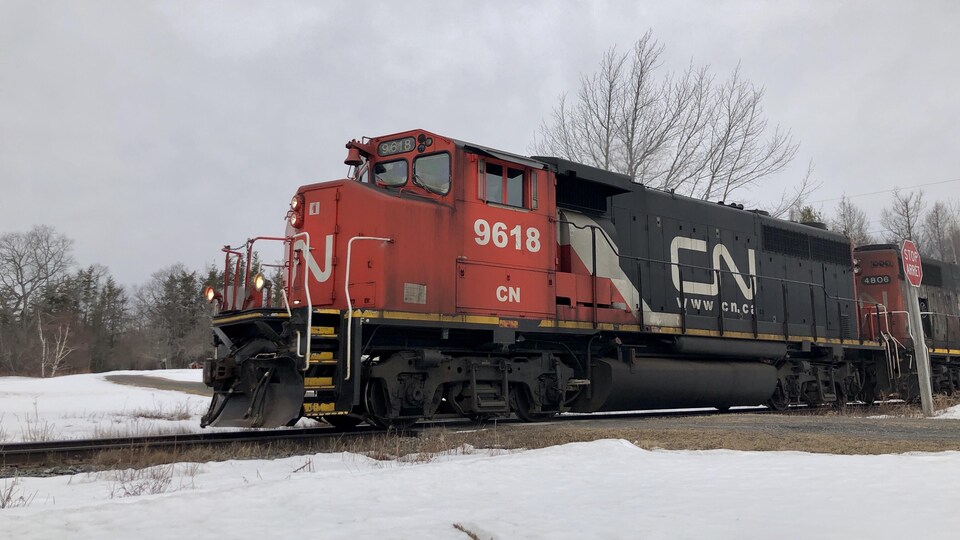 Un train du CN roule sur une voie ferrée à la fin de l'hiver.