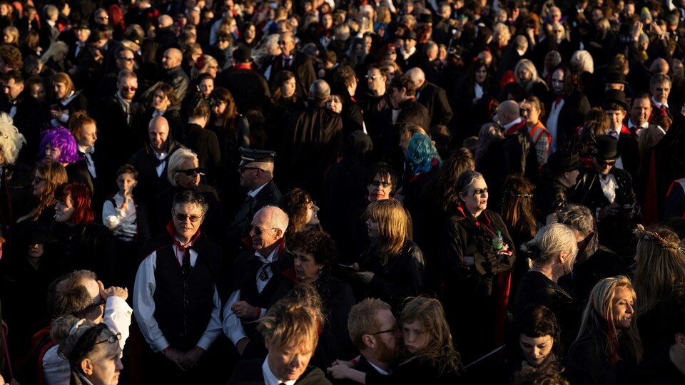 Dozens of people dressed as vampires, dressed in black.