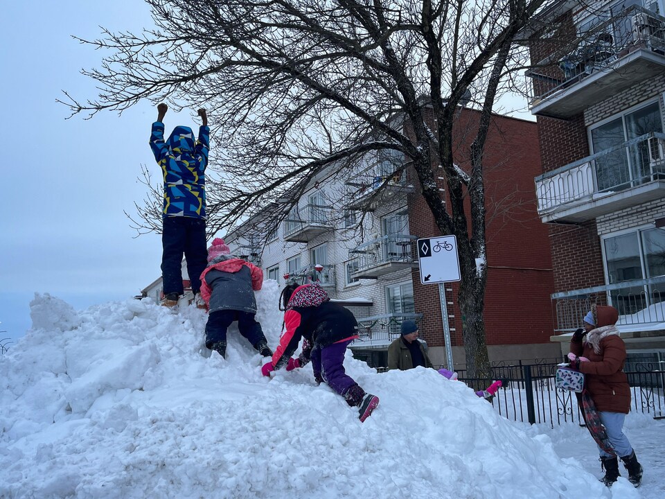 Les enfants s'amusent dans la neige. 