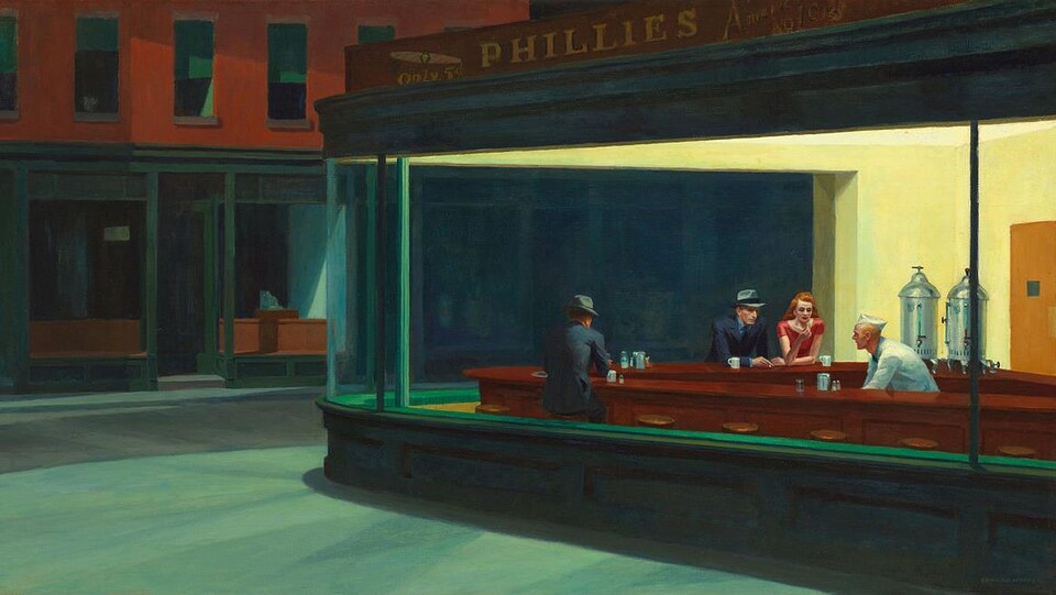La peinture montre trois clients accoudés au bar d'un snackbar la nuit, dans le centre-ville.