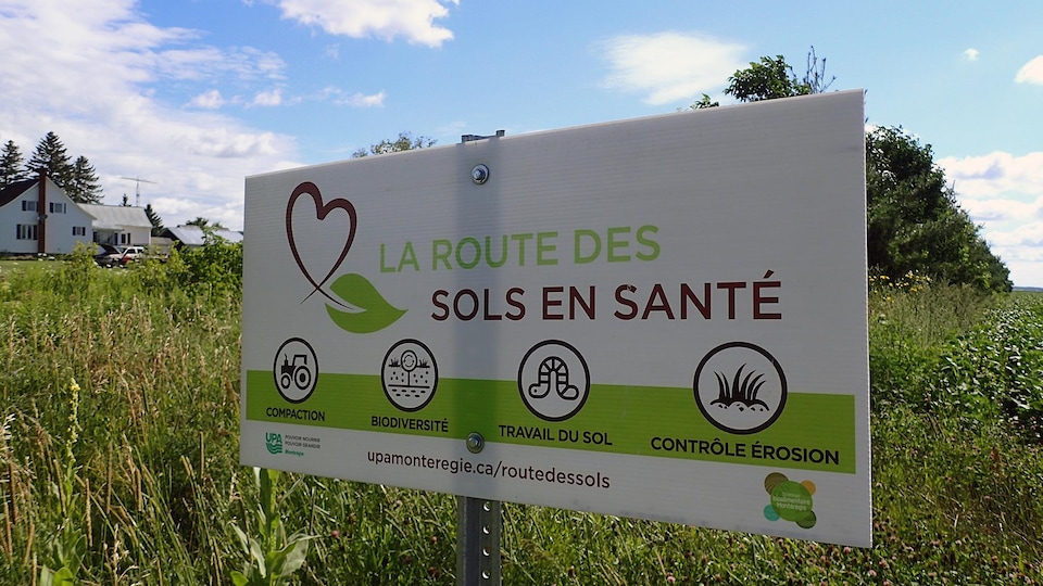 Une affiche de La route des sols en santé est plantée dans un champ.