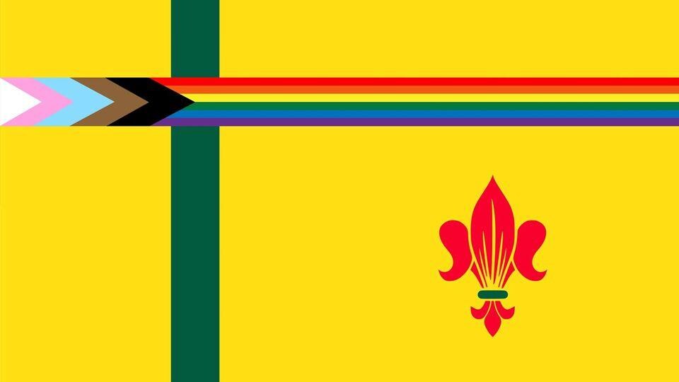 Le drapeau fransaskois avec les couleurs de la communauté LGBTQ+.