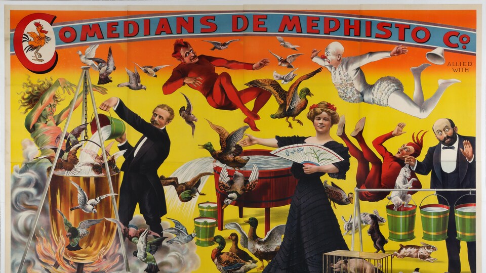 Des magiciens démontrent leur savoir faire, sur une affiche datant de 1905.