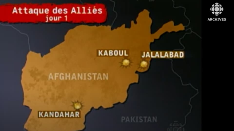Carte de l'Afghanistan présentée à l'émission spéciale sur les ondes de RDI le premier jour de l'opération Liberté immuable.