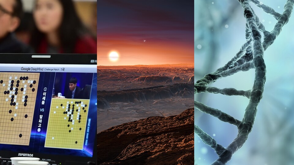 L'ordinateur DeepMind affronte le champion du monde de Go; une représentation de l'exoplanète Proxima b; un brin d'ADN.