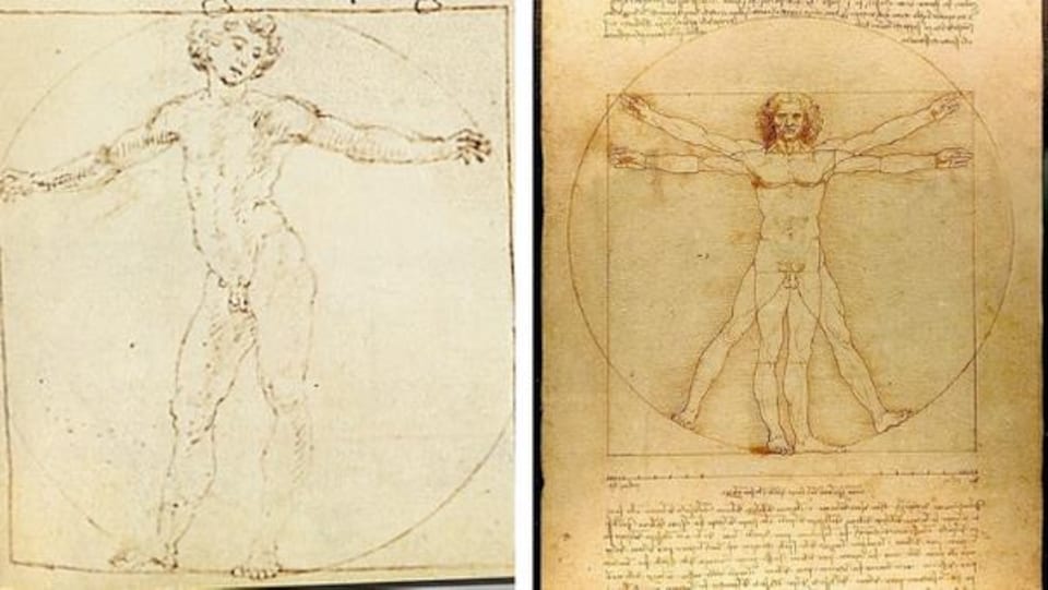 Collage de deux croquis dessinés sur du papier jauni montrant un homme nu. 