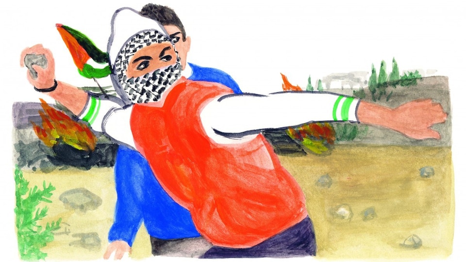 Un dessin de jeunes palestiniens qui lancent des roches