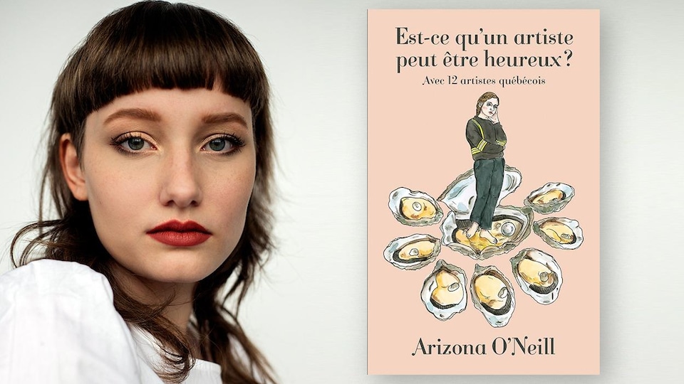 Elle pose pour le photographe, et le dessin sur son livre présente une personne entourée par des huîtres ouvertes. 