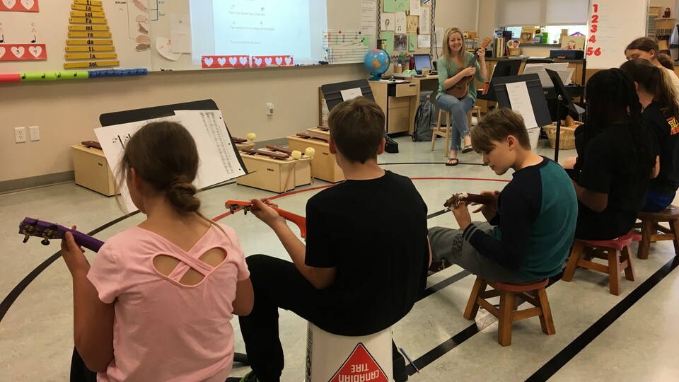 Des élèves dans une classe de musique.