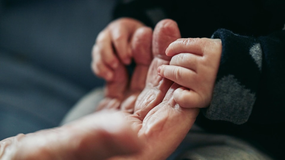 Closeup shot of a baby holding their grandparent's hand