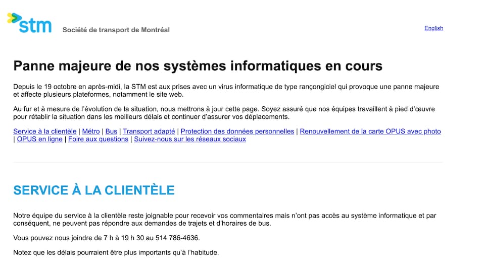 Message de panne majeure sur le site web de la STM.