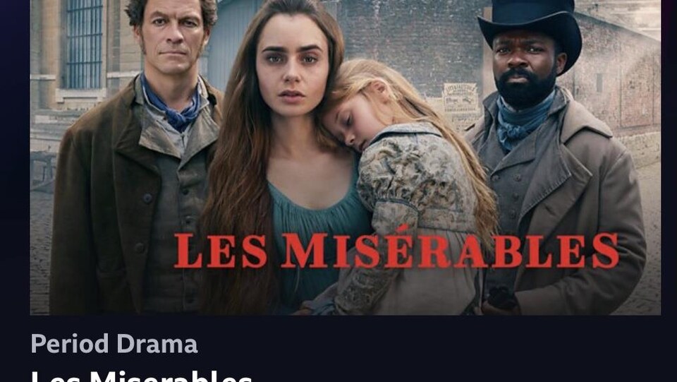 Une capture d'écran d'IPlayer de la BBC, dont la première page est l'affiche de la série Les Misérables. 