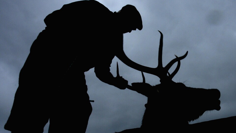 Un silouhette d'un homme qui tient les bois d'un original dans la pénombre.