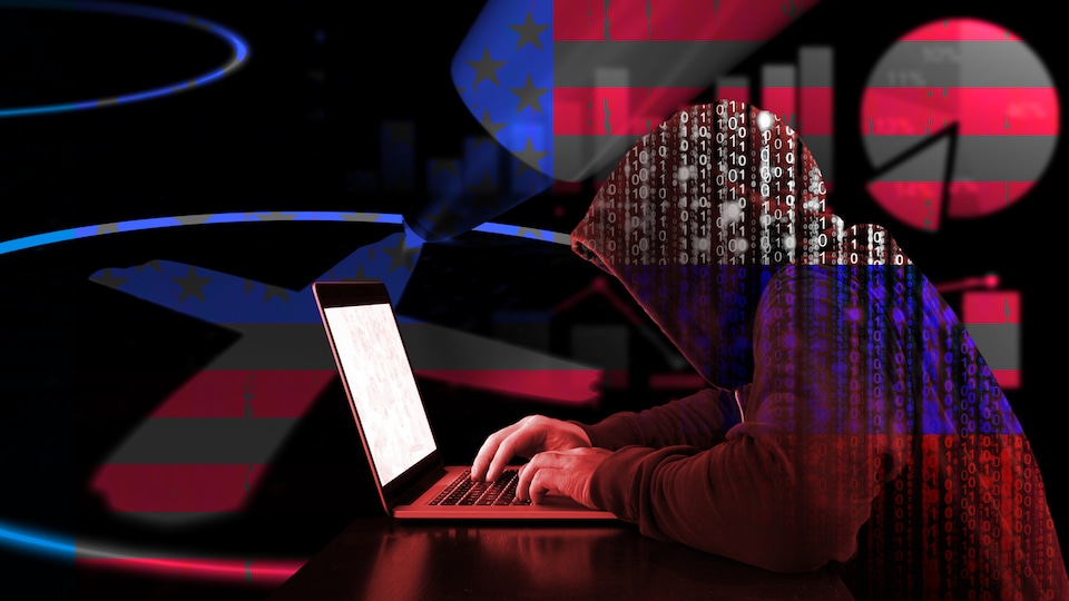 Un hacker russe vêtu d'un chandail binaire, tapant sur un ordinateur sur fond de diagramme au couleur du drapeau américain.