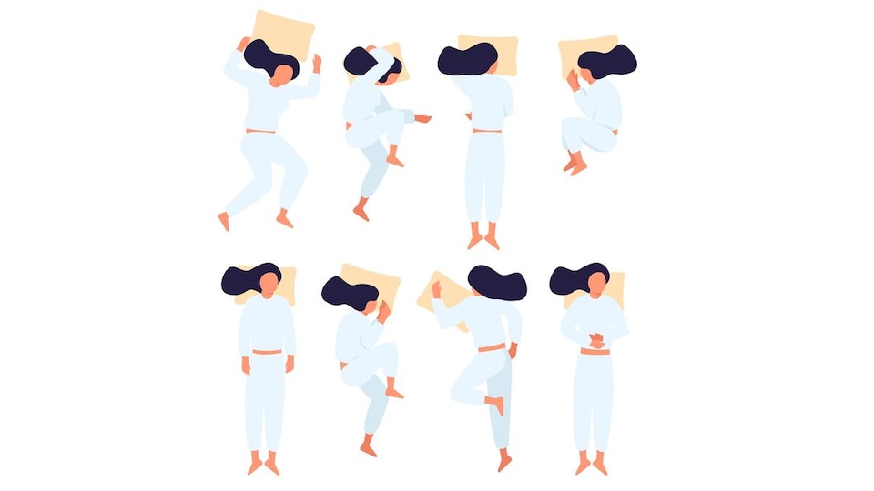 Huit petites illustrations d'une femme qui dort avec un oreiller.