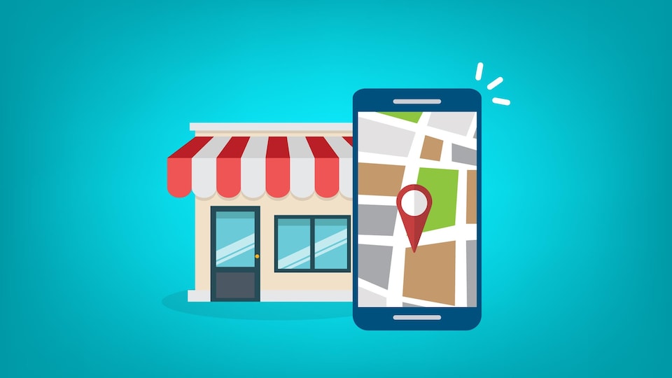L'achat local illustré par la géolocalisation d'un téléphone intelligent devant la façade d'un magasin.