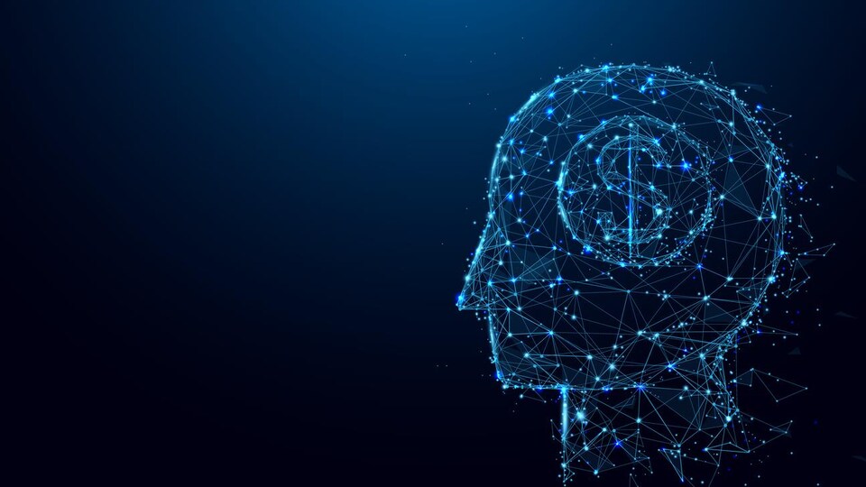 Illustration numérique d'une tête de profil avec un signe de dollar à la place du cerveau.