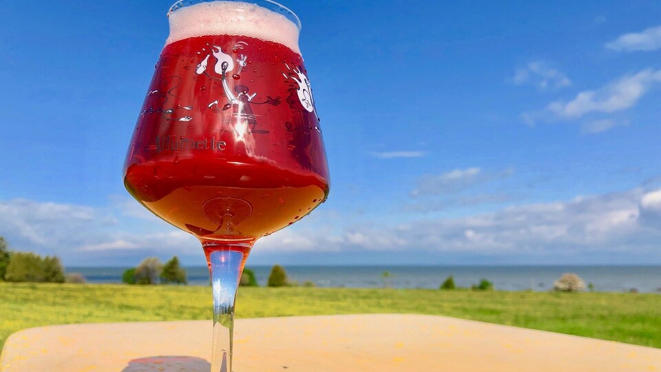 Derrière un verre de bière en gros plan, posé sur une table de la microbrasserie Tête d'allumette, on a une vue imprenable sur le fleuve Saint-Laurent.