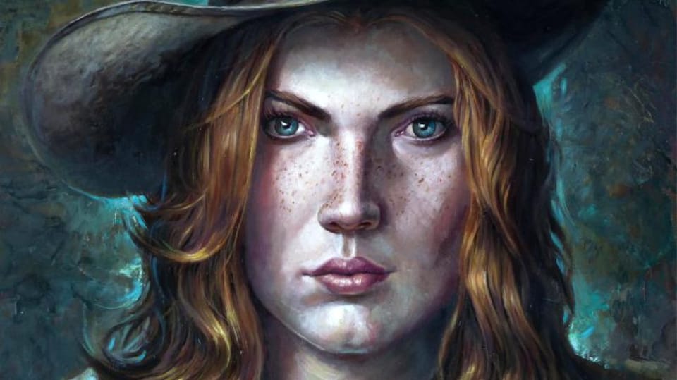Sur la page couverture d'une bande dessinée intitulée Wild West Calamity, une femme portant un chapeau de cowboy regarde droit devant elle.