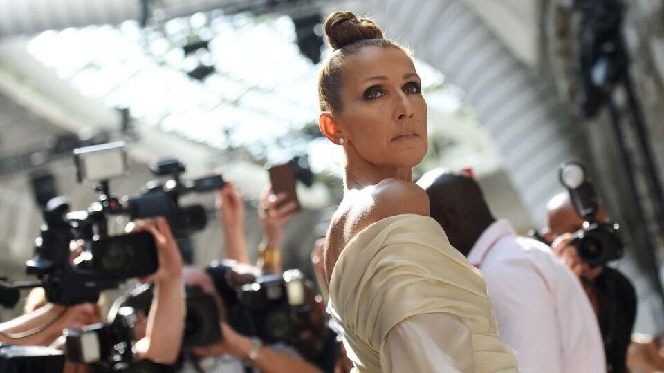 Céline Dion pose entourée de photographes.