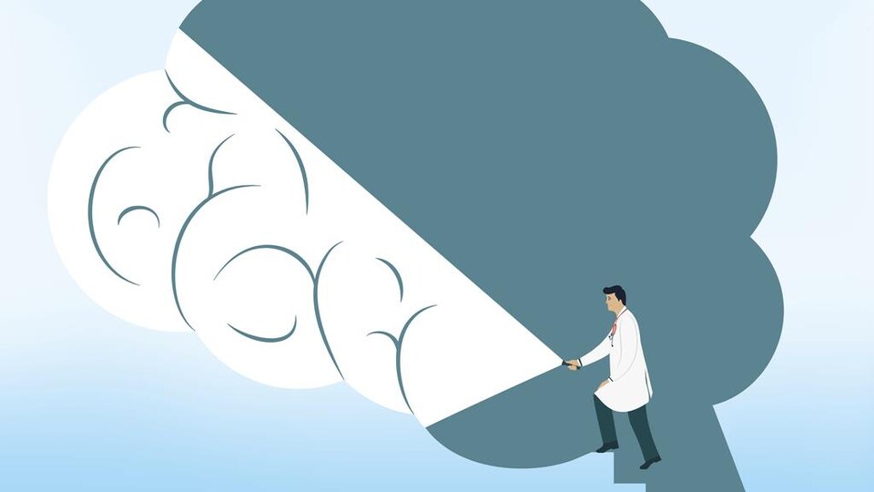 Illustration d'un médecin muni d'une lampe qui éclaire une partie du cerveau dans lequel il se trouve.