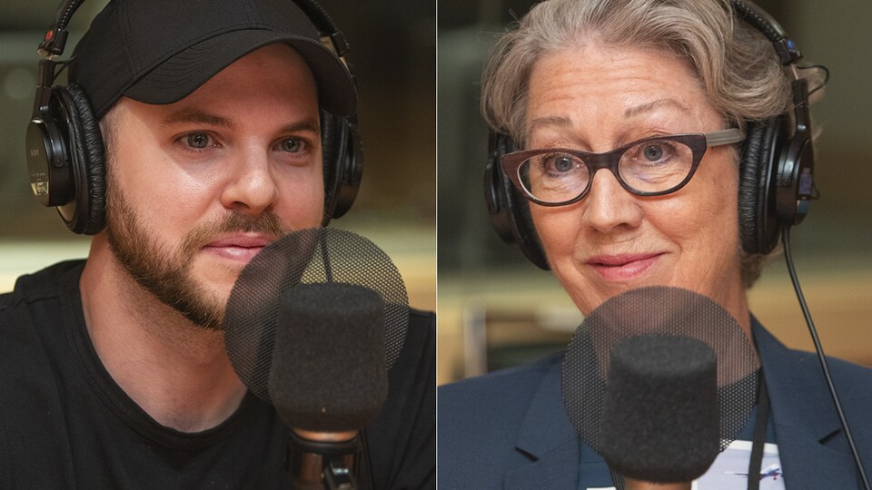Alexandre Champagne et Hélène Samson au micro de Stéphan Bureau.