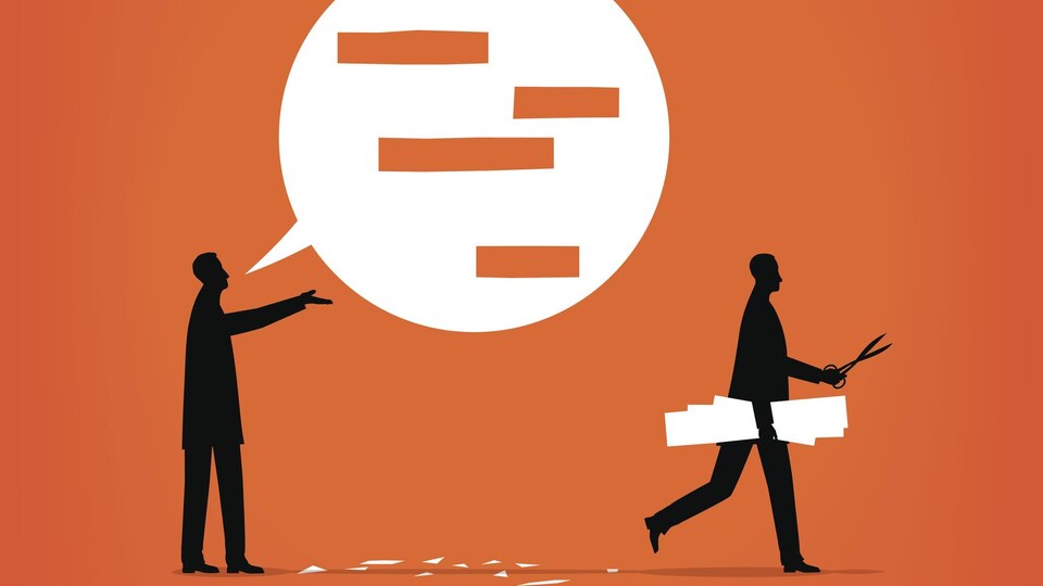 Illustration d'un homme qui s'exprime dans une bulle de dialogue dans laquelle un homme homme est venu découper ses mots pour le censurer.