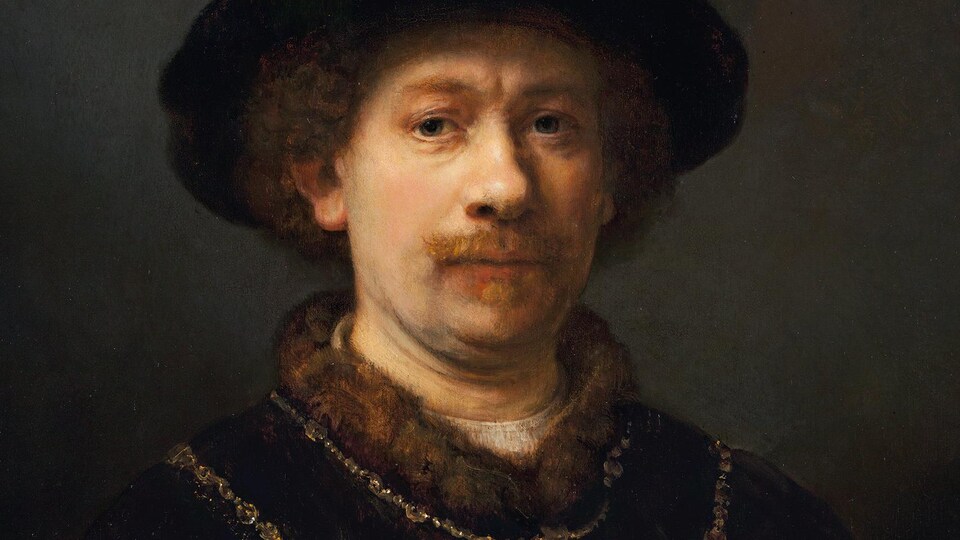 Gros plan d'une peinture qui le représente posant pour un portrait avec un grand chapeau.