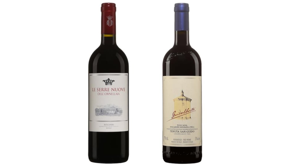 Photo des bouteilles de vin Le Serre Nuove dell'Ornellaia 2018 et Guidalberto Tenuta San Guido 2018.